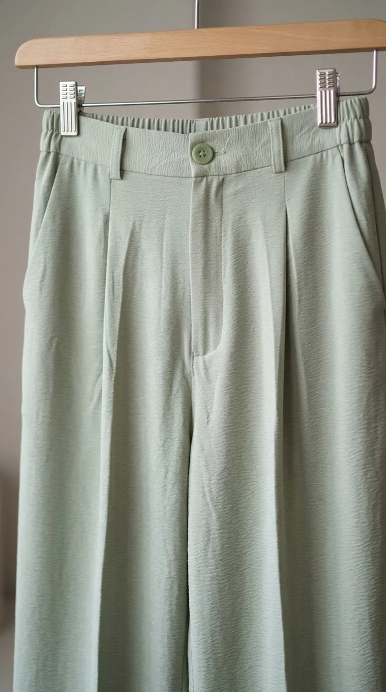 Close-up of the matcha sage-green trousers' waistband, button and pleats