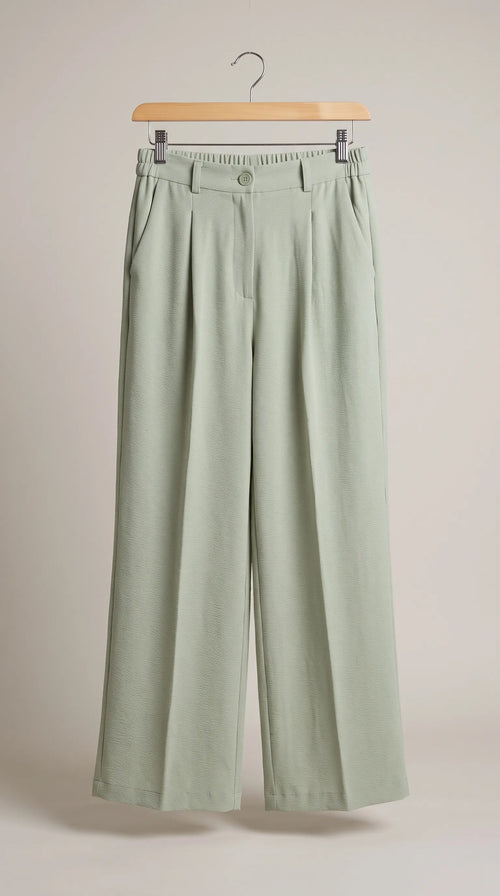 Matcha sage-green pleated wide-leg trousers hanging on a hanger, front view
