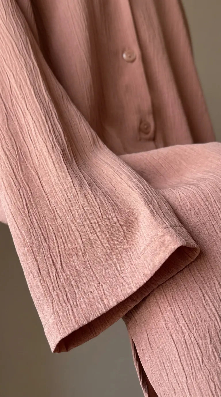 Close-up of the peach shirt's crinkled crepe fabric and sleeve hem