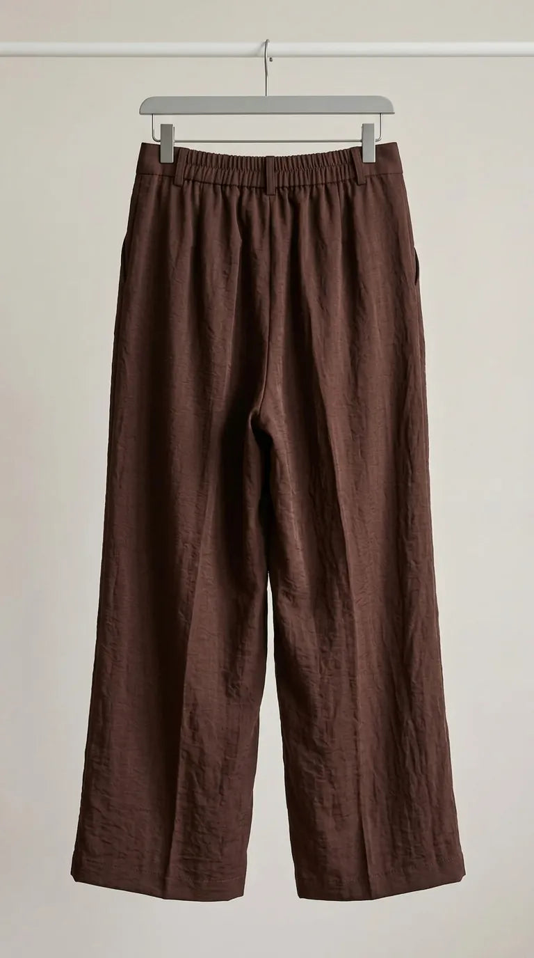 Back view of the chocolate brown wide-leg trousers with elastic waist on a hanger