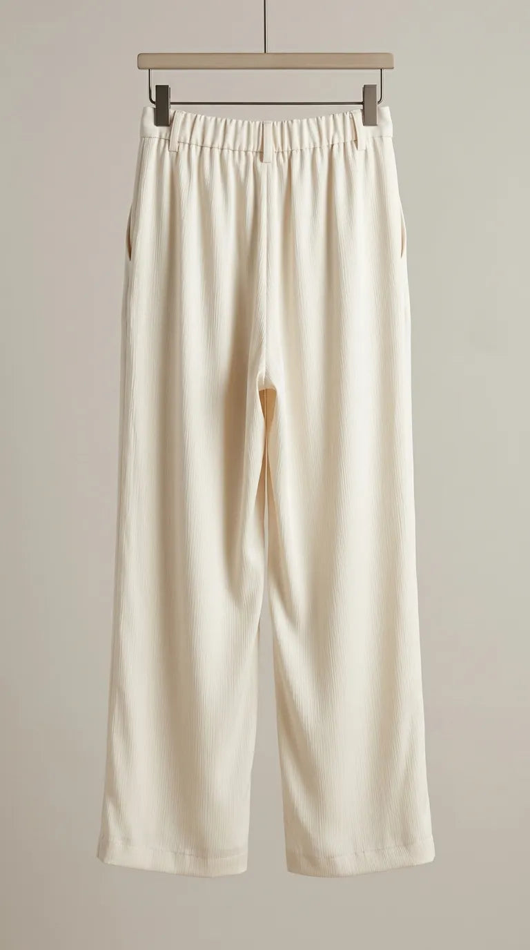 Back view of the ivory wide-leg trousers with elastic waist on a hanger