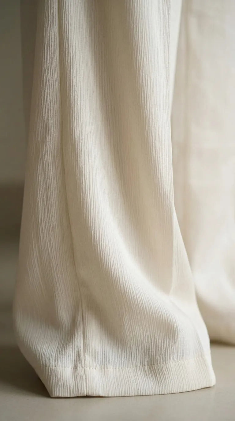 Close-up of the ivory trousers' textured fabric and hem